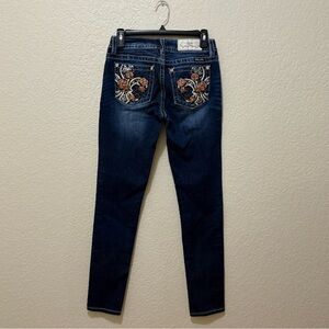 Floral Embroidered Skinny Jeans - Dark Blue